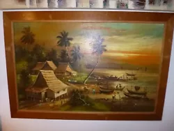 Buy Vintage Oil Painting On Canvas Asian Boat & Village Signed  62 X 92 Cm • 44.99£