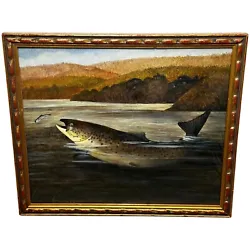 Buy Antique Fishing Oil Painting  Rainbow Trout Fish Surfacing By A Roland Knight • 2,400£
