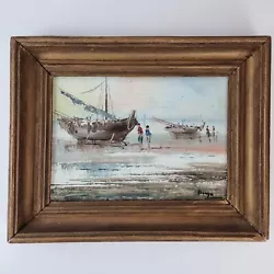 Buy Vintage Oil On Canvas Landscape Boats On Beach With Figures Indistinctly Signed • 95£