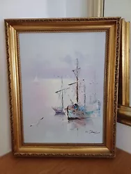 Buy Stunning Vintage Framed Oil Painting: ‘fishing Boats At Anchor’ Signed By Artist • 39.99£