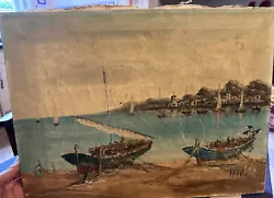 Buy Vintage Distressed Oil On Canvas Painting Seascape Boats Mid Century Artwork • 30£