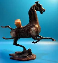 Buy Vintage Chinese Brass Inlaid Soapstone Flying Gansu Horse Figurine Statue Rare • 65.32£