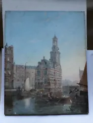 Buy Antique Oil Painting Of Amsterdam, Signed Illegibly. Circa 1900. • 0.99£