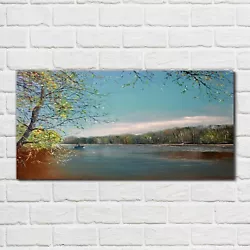 Buy Glass Print 100x50 Oil Painting Boat Water River Trees Wall Art Home Decor  • 89.99£