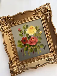 Buy VTG Red + Yellow Gold Framed Floral Flower Oil Painting Luisa 15cm X 16cm • 15£