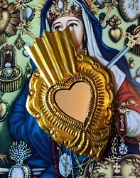Buy Small Mexican Gold Colour Tin Heart Milagro Mirror Handcut & Painted Folk Art #7 • 11£