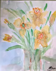 Buy Watercolour Painting “Daffodil Glory” Spring Yellow Green Mothers Day Gift • 25£