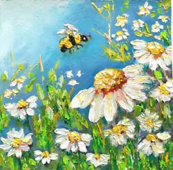Buy Abstract Landscape Oil Painting. Flowers, Bee, Chamomile Painting. Without Frame.18х18 Cm • 31.48£