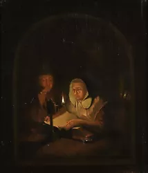 Buy 17th CENTURY DUTCH OLD MASTER OIL PANEL - FIGURES READING BY CANDLELIGHT • 0.99£