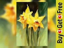 Buy Blooming Beauty: Three Daffodil Flowers Oil Painting Print Vibrant Floral 5 X7  • 5.99£