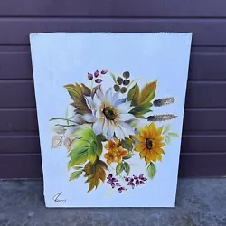 Buy Vintage 16”x20” Acrylic On Canvas Painting Sunflower Daisy Bouquet Signed Chaney • 47.45£