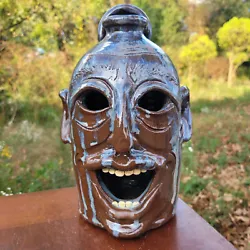 Buy Folk Art Pottery Blue & Brown Lantern Face Jug By Savannah Craven | 10.5  X 6.5  • 124£