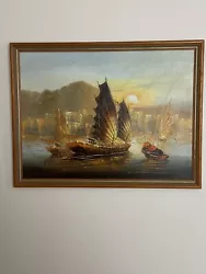 Buy Impressionist Oil Painting Junk Boats Hong Kong Harbour Sunset After Jove Wang • 263.51£