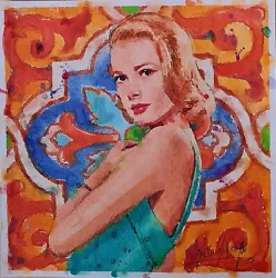 Buy Original Mario Mendoza Grace Kelly Blonde Monaco Painting Watercolor Mosaic Art  • 119£