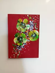Buy Floral Wall Hanger, Summer Bouquet. Red Backgroud Hand Made 8'' X 6''   Acrylics • 5£