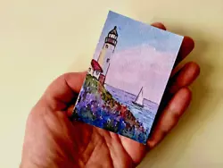 Buy Aceo Original Art Paintings Seascape Lighthouse White Sailboat Lavender Field • 12.40£