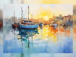 Buy Serenity At Dusk: Boats At Sunset Oil Painting Print 5 X7  • 4.49£